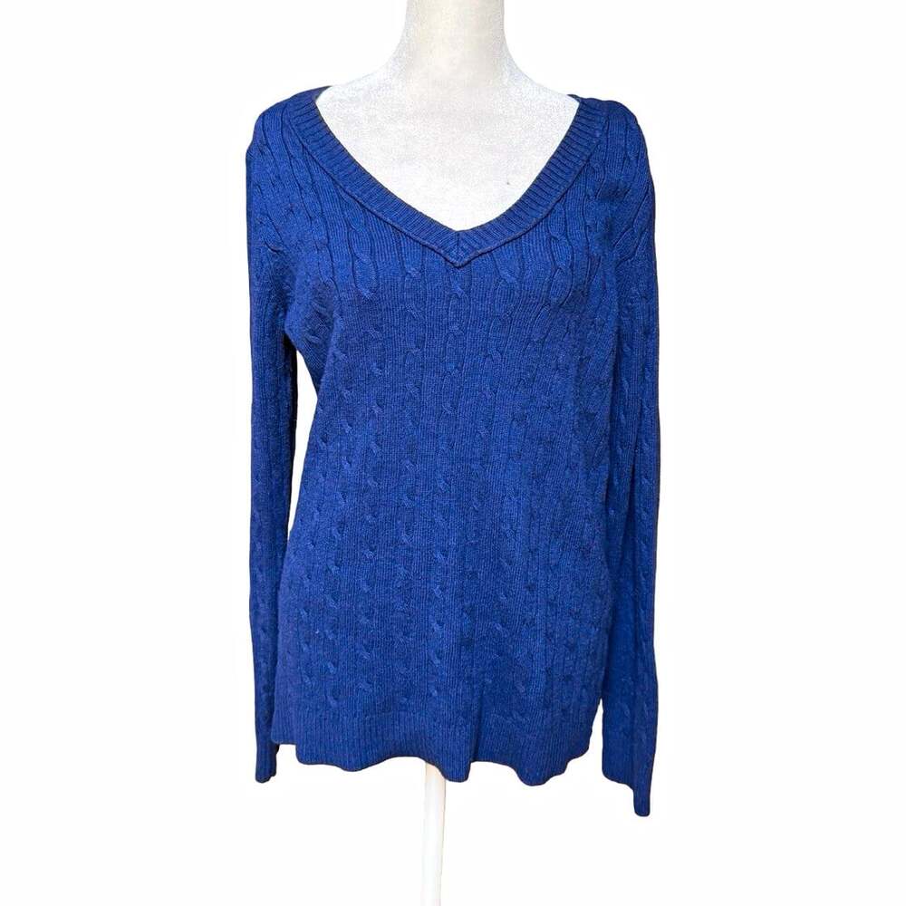 LOFT Navy Blue Cable Knit V Neck Sweater Rabbit Hair Blend Women’s